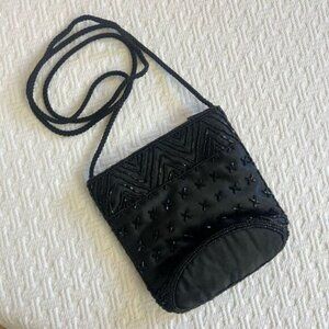 Vintage Mini Micro Shoulder Purse Beaded Black Satin Evening Bag Dainty Unique